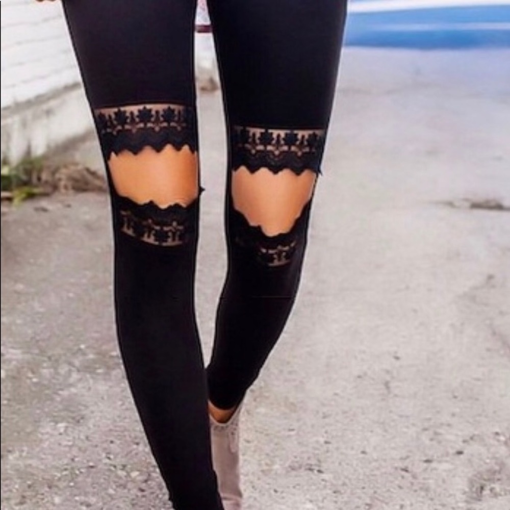 Black lace knee leggings